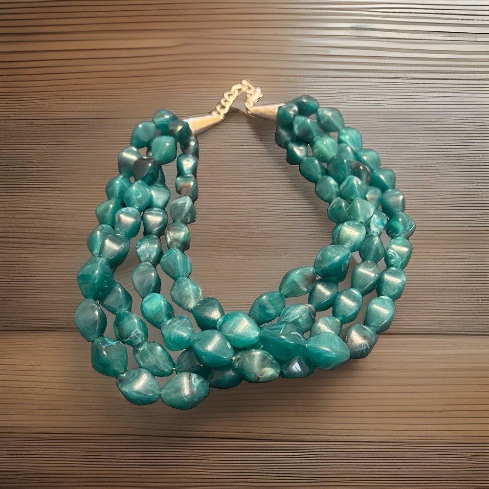 4 Strand Teal Lucite Acrylic Beaded Statement Necklace 20" Chunky 112 Grams Boho